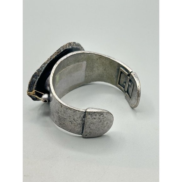 Unusual Black Stone Slab Cuff Bracelet Silver Tone Hinged Side Statement Cuff - Picture 4 of 11